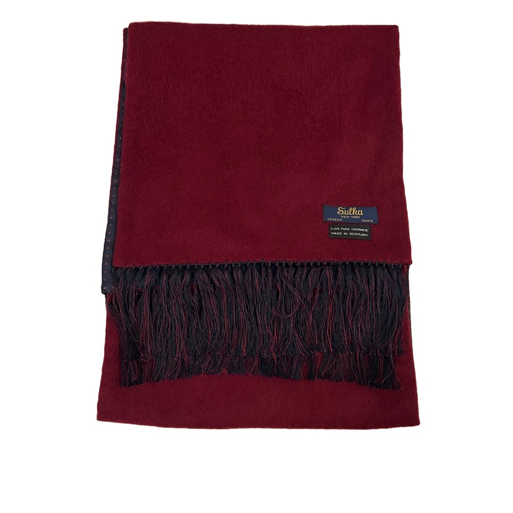 RARE Sulka Cashmere/Silk Reversible Scarf Cherry Red/Navy Blue Fringe Vintage